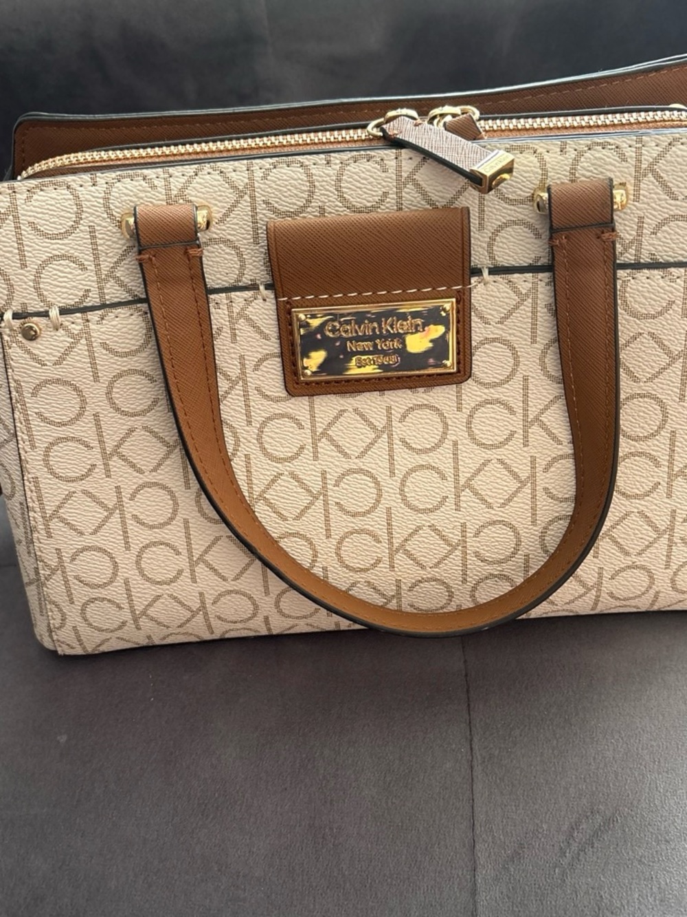 Calvin Klein Beige Logo Satchel with Brown Trim and Gold Hardware